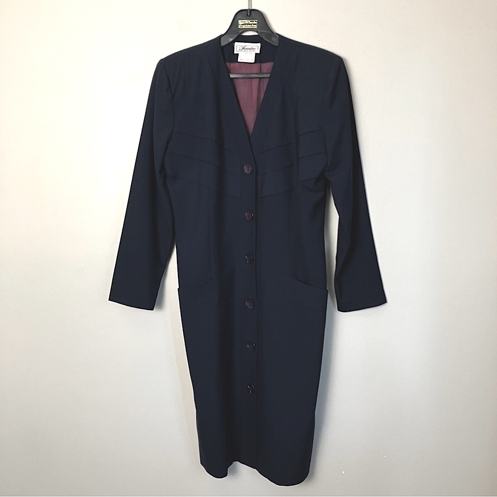 Vintage dress 100% wool button-up navy blue v-neck retro rockabilly